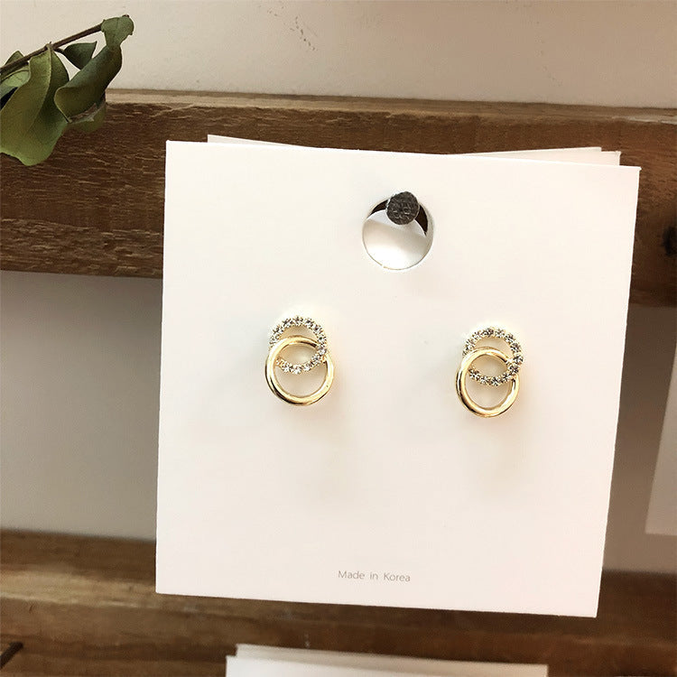 Plain and Rhinestone Circle Stud Earrings Female Girl Fashion Earrings Birthday