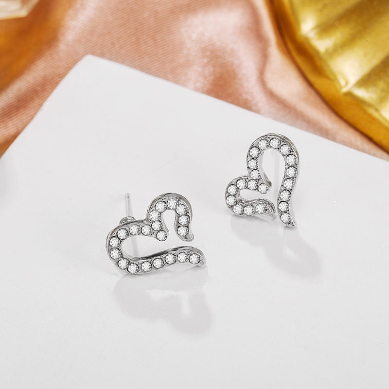 Geometric Love Earrings 1 Pair Women Hollow Love Heart-Shaped Rhinestone Inlaid Silver Plated Earrings Ear Studs for Wedding Party