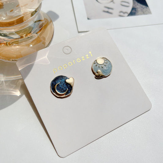 Mismatched Moon Heart Stud Earrings Fashion Jewelry for Girls Women Gift