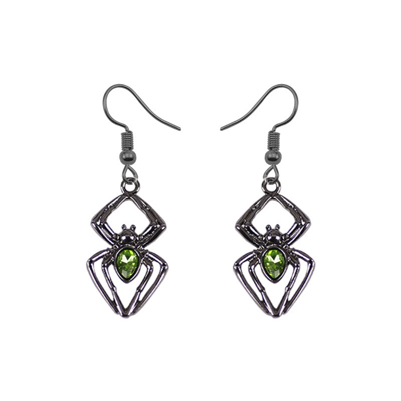 Green Detail Spider Design Ear Drop Earrings Dangle Women Fashion Jewelry Gift for Her