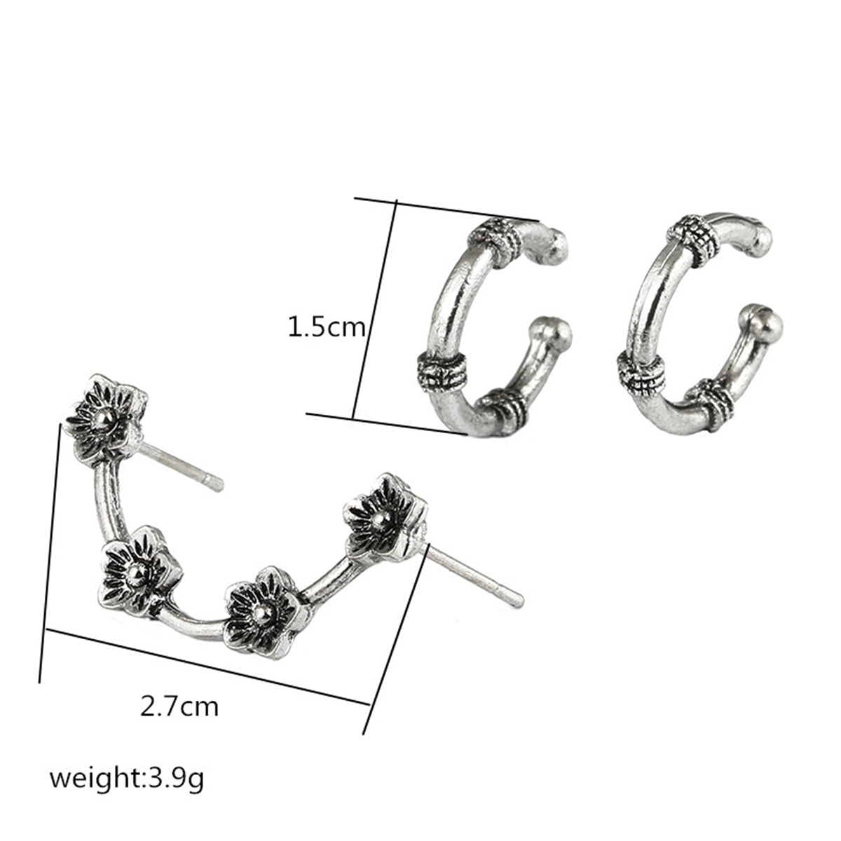 3pc Set Antient Silvery Flower Ear Cuff Stud Earrings Fashion Jewelry for Girls