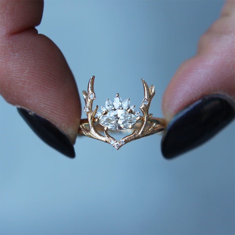 Fashion Glittering Zircon Embellished Lovely Rose Gold Elk Antlers Zircon Wedding Ring