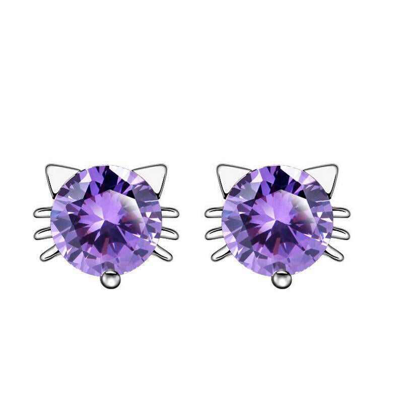 Adorable Cat Stud Earrings Round Cubic Zirconia Push-Back Earring Women Gift Wedding Party Fashion Jewelry Accessories