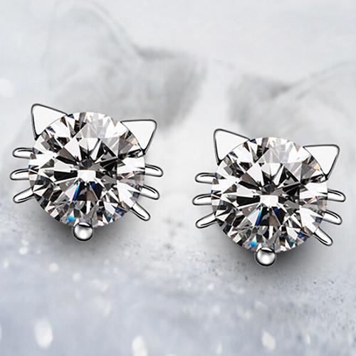 Adorable Cat Stud Earrings Round Cubic Zirconia Push-Back Earring Women Gift Wedding Party Fashion Jewelry Accessories