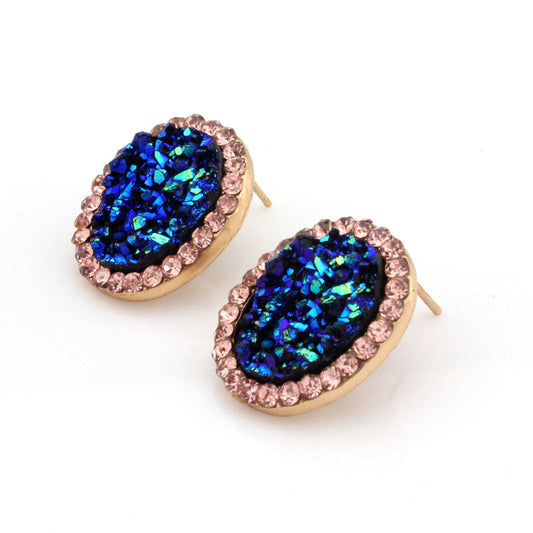 Blue Glitter Oval Stud Earrings Fashion Women Female Earrings Piercing Jewelry