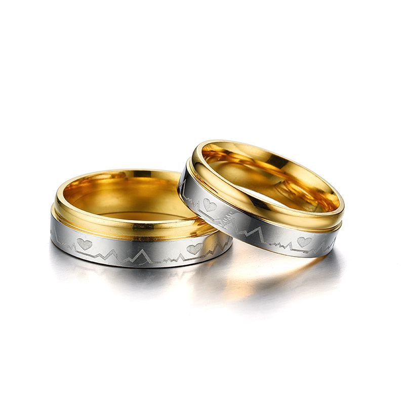 Titanium Steel Ring Between Gold ECG Love Heart Stainless Steel