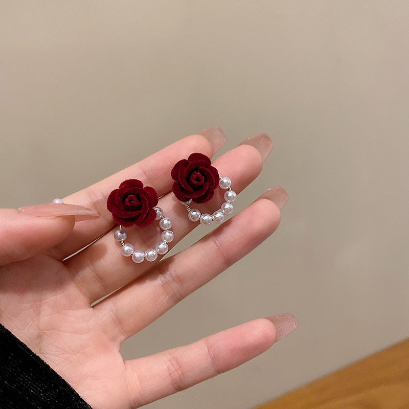 Red Rose Pearl Jewelry Stud Earring Modern Fashion Women Earrings Piercing Studs