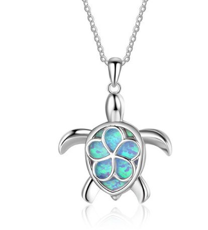 Fashion silver filled blue opal sea turtle pendant necklace for women female Animal wedding ocean beach jewelry gift