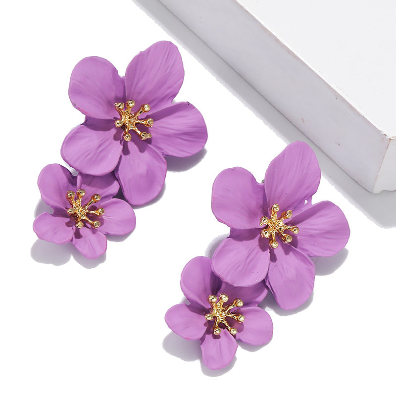 Double Layer Flower Women Earrings European And American Alloy Drip Spray Paint Baking Sweet Two-tone Flower Earrings