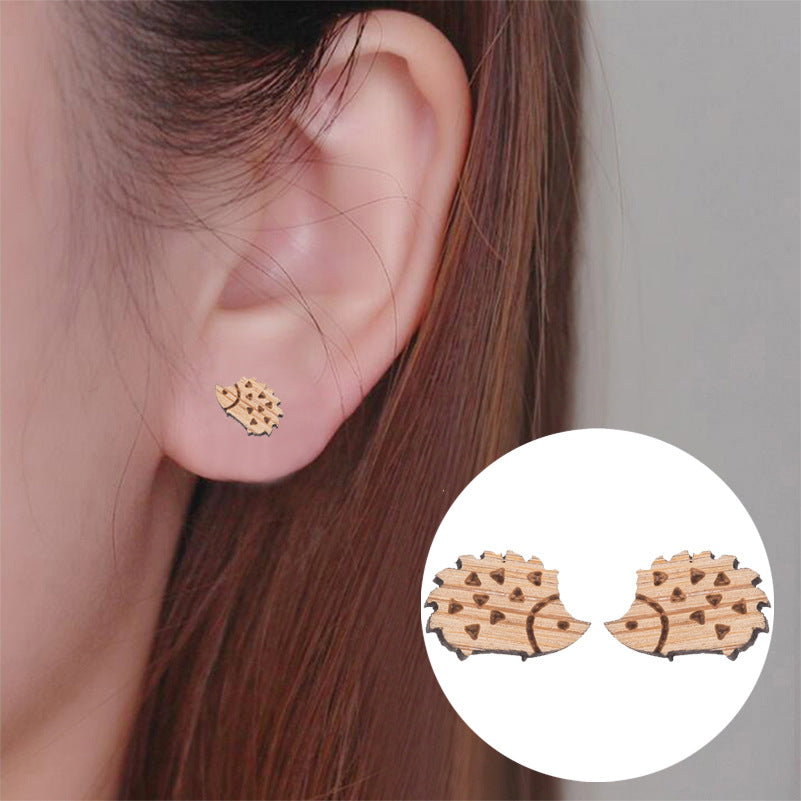 Wooden Hedgehog Stud Earrings Women Charm Stud Jewelry Birthday Holiday Gifts