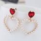 Red Heart Faux Pearl Drop Dangle Earrings Women Jewelry Gift for Her Accessories