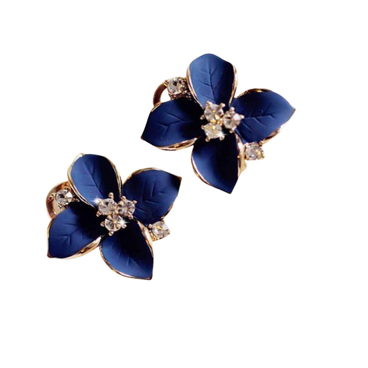 Navy Blue Rhinestone Flower Decor Earrings for Women Girls Ear Studs Jewelry