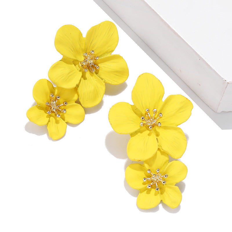 Double Layer Flower Women Earrings European And American Alloy Drip Spray Paint Baking Sweet Two-tone Flower Earrings