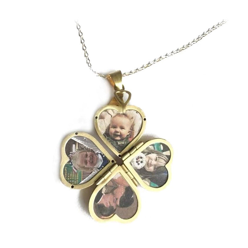 Retro Pure Copper Four-open Three-dimensional Heart-like Four-leaf Clover Pendant Bow Necklace