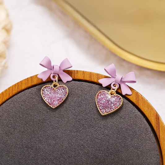 Purple Heart Bow Jewelry Fashion Dangle Earrings for Girls Party Birthday Gift