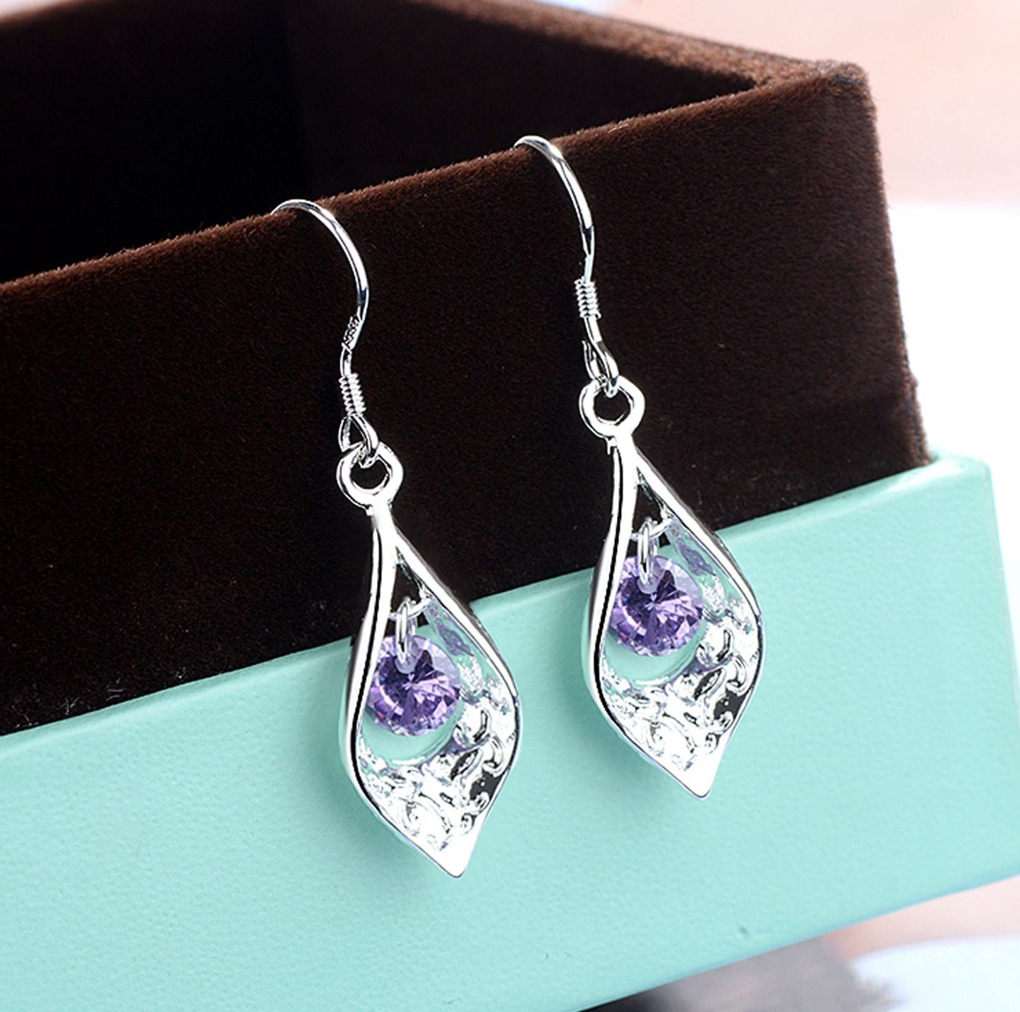 1Pair Purple Crystal Drop Earring Women Jewelry Mom Gift Everyday Wear Earrings