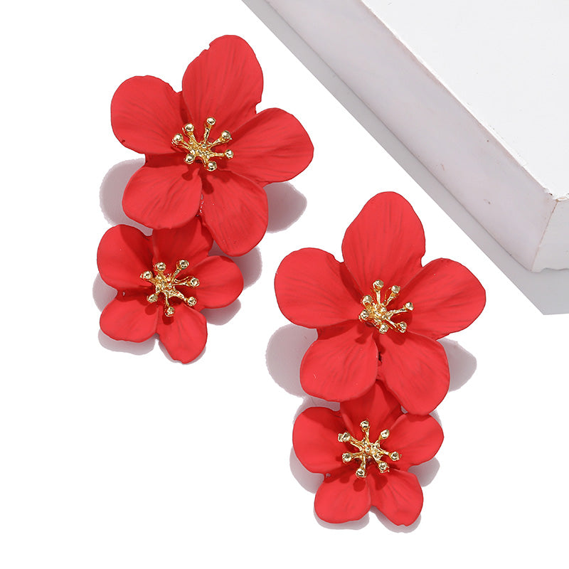 Double Layer Flower Women Earrings European And American Alloy Drip Spray Paint Baking Sweet Two-tone Flower Earrings