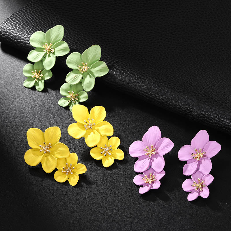 Double Layer Flower Women Earrings European And American Alloy Drip Spray Paint Baking Sweet Two-tone Flower Earrings