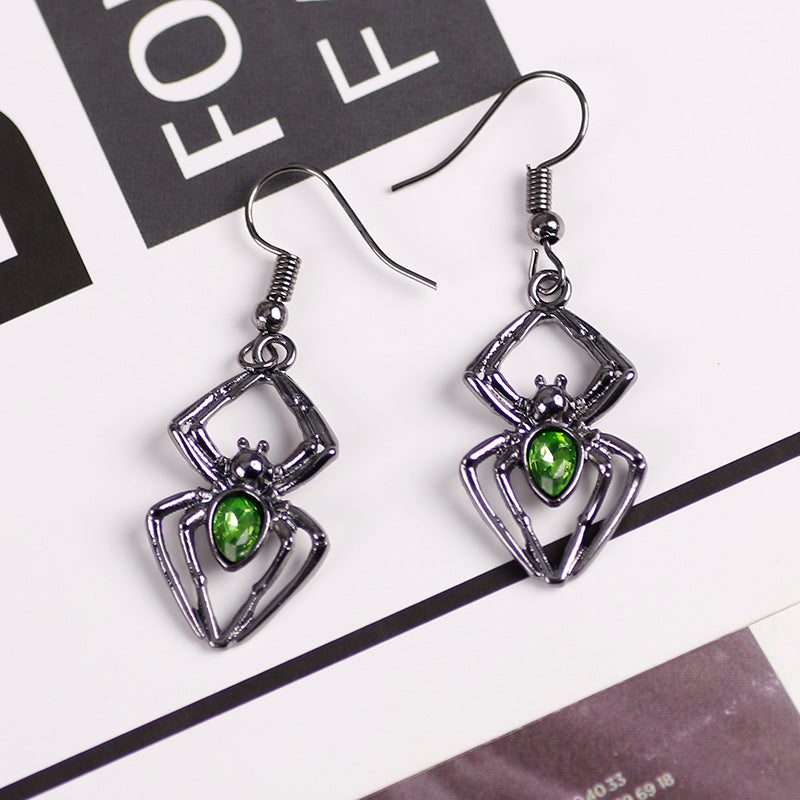 Green Detail Spider Design Ear Drop Earrings Dangle Women Fashion Jewelry Gift for Her