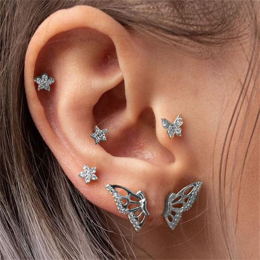 6pcs Set Butterfly Wings Flowers Stud Earrings Women Jewelry Mom Gift Everyday