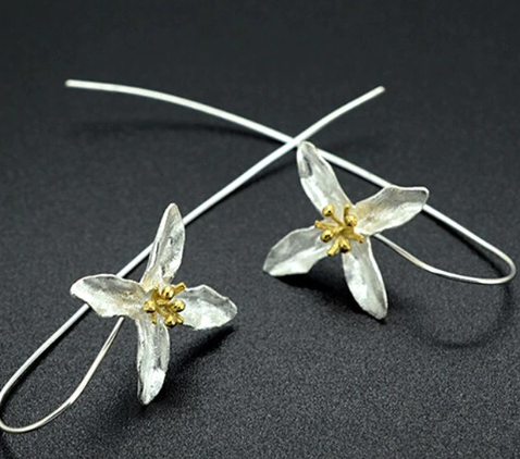 Silver Plated Long Flower Earrings