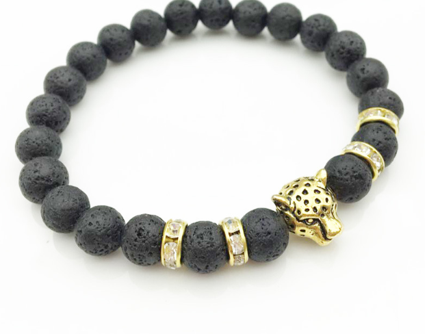 8mm Natural Stone Lava Stone Bead Bracelet For Men Leopard Head Leopard Pendant Charm Bracelet Handmade Jewelry