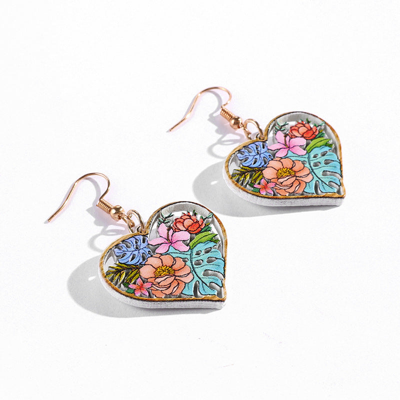 Mixed Flower Pattern Heart Drop Dangle Earrings Women Jewelry Gift for Her Accessories