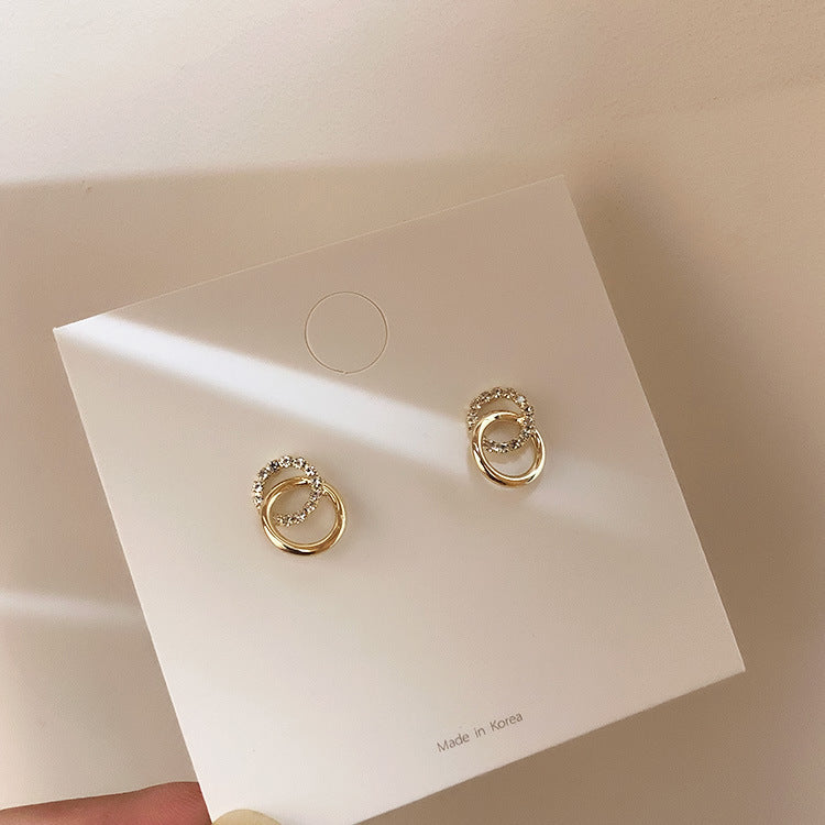 Plain and Rhinestone Circle Stud Earrings Female Girl Fashion Earrings Birthday