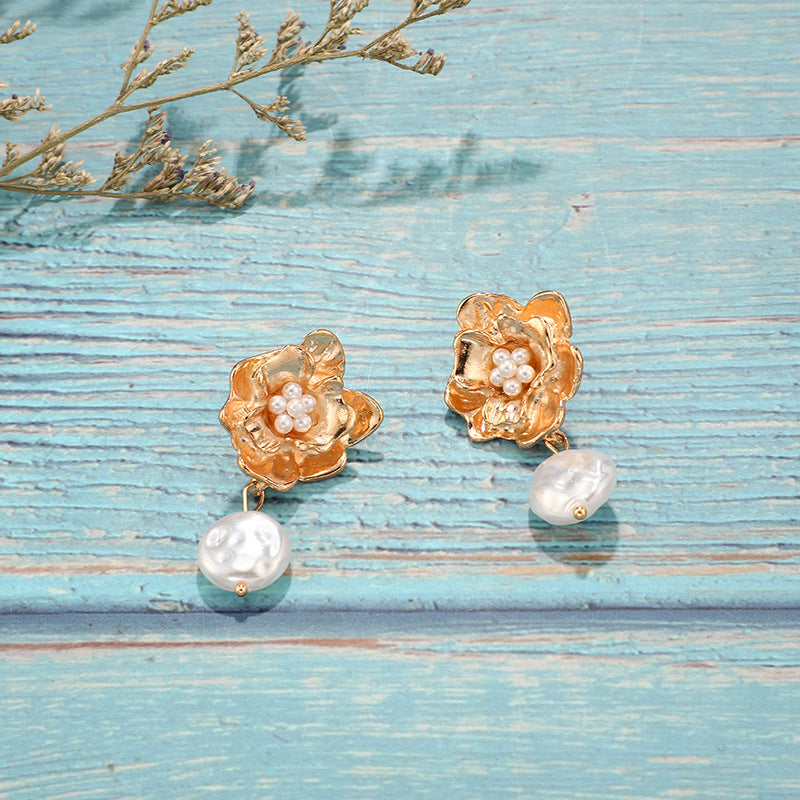 Flower Detail Faux Pearl Drop Earrings Cute Dangle Earrings Women Jewelry Gift for Her