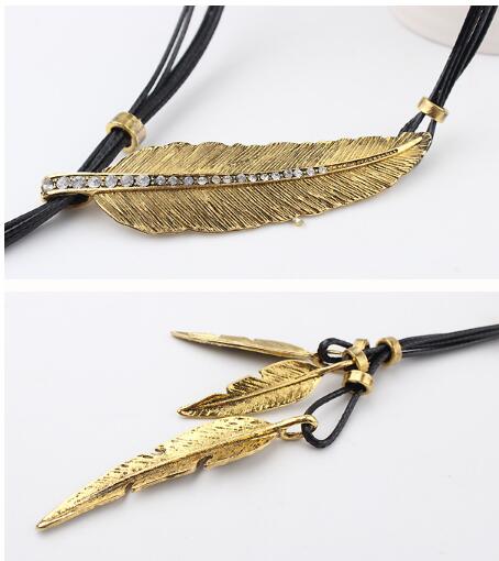 3 Colors Black Rope Multilayer Feather Leaf Tassels Pendant Necklace