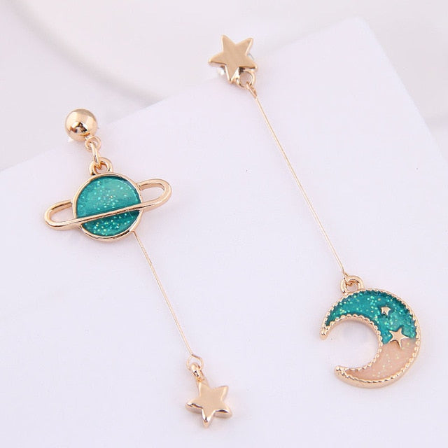 Star Moon Drop Earrings Pink Planet Long Pendant Earrings