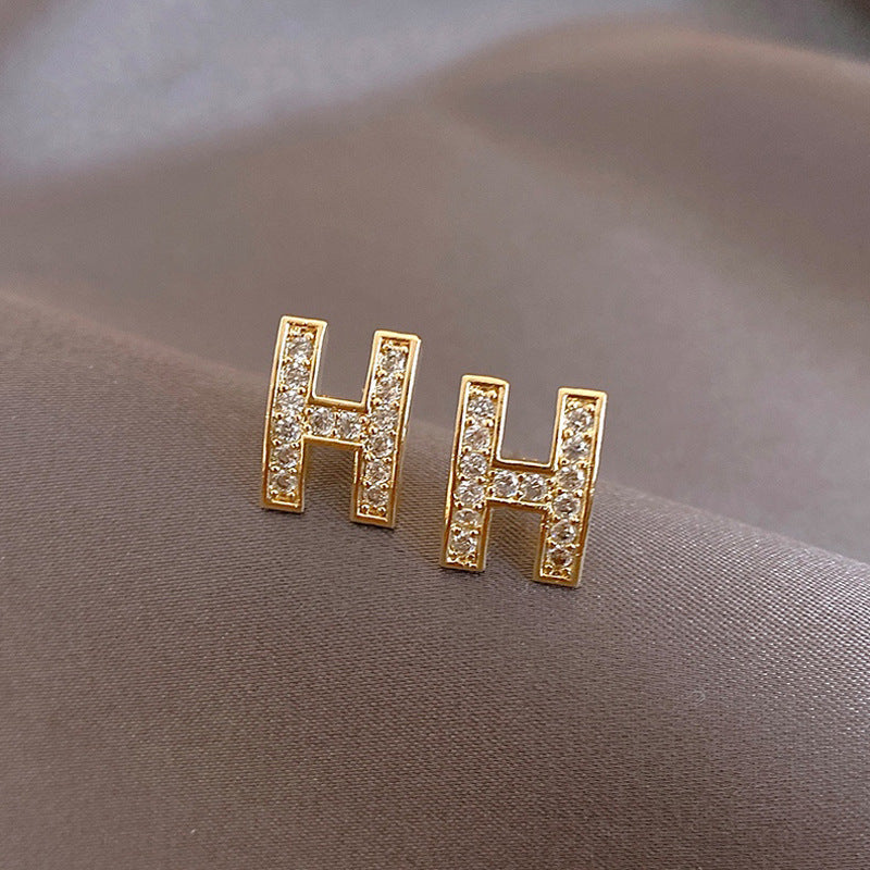 Rhinestone Letter H Stud Earrings Female Girl Fashion Earrings Birthday Holiday