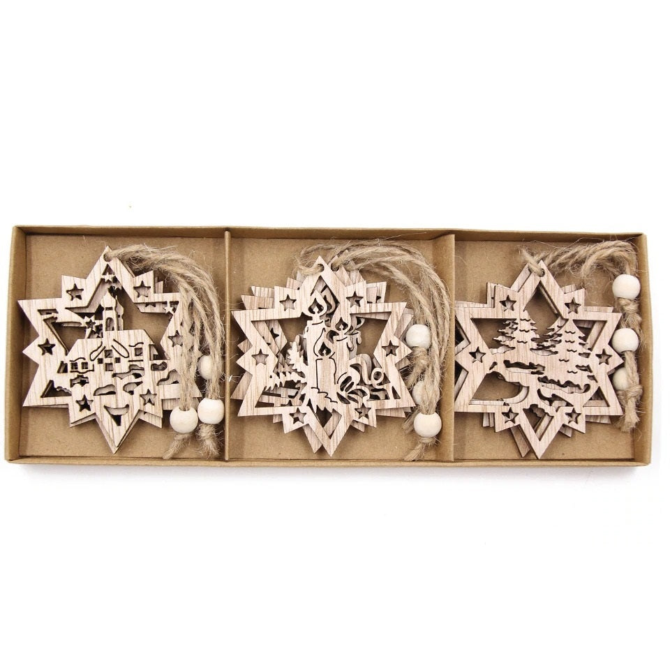 12PCS Box Multi Christmas Snowflakes Wooden Pendants Ornamen