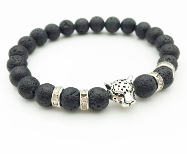 8mm Natural Stone Lava Stone Bead Bracelet For Men Leopard Head Leopard Pendant Charm Bracelet Handmade Jewelry