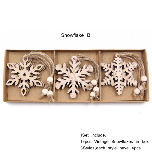 12PCS Box Multi Christmas Snowflakes Wooden Pendants Ornamen