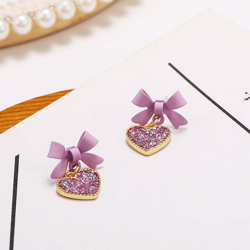 Purple Heart Bow Jewelry Fashion Dangle Earrings for Girls Party Birthday Gift