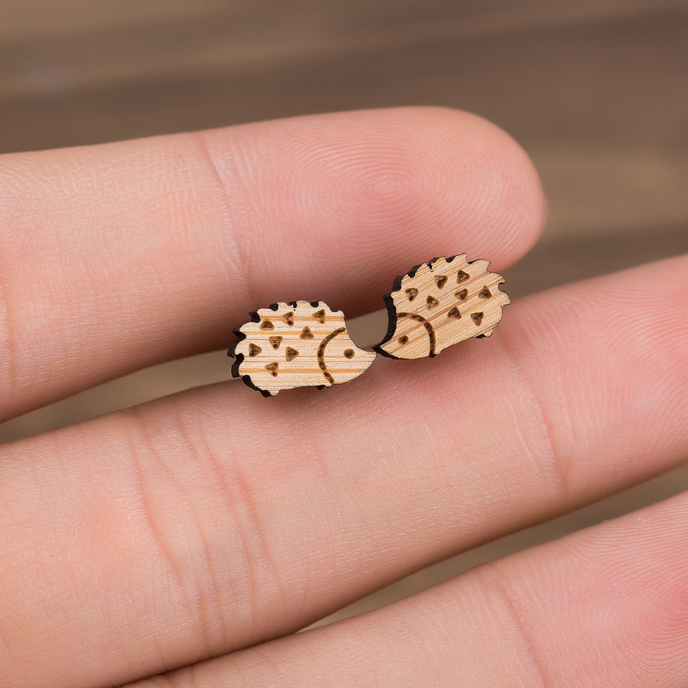 Wooden Hedgehog Stud Earrings Women Charm Stud Jewelry Birthday Holiday Gifts