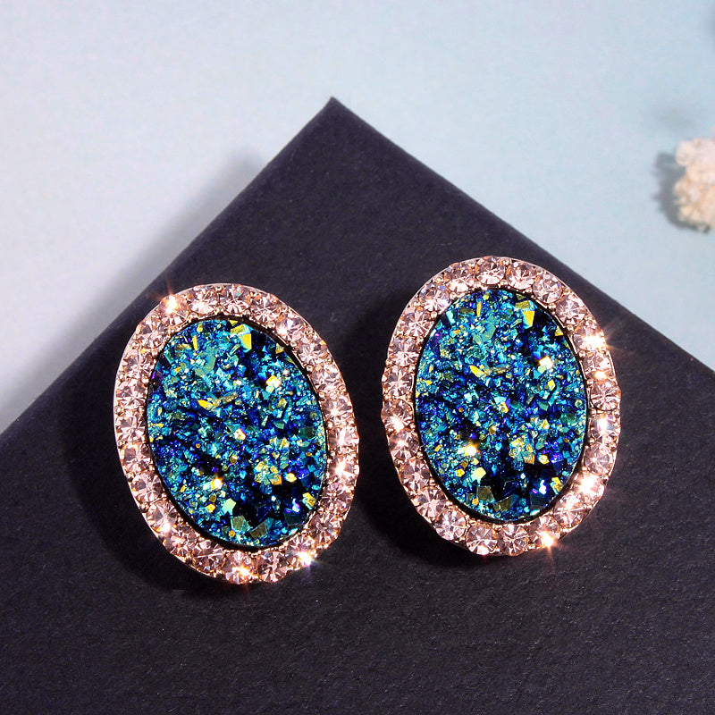 Blue Glitter Oval Stud Earrings Fashion Women Female Earrings Piercing Jewelry