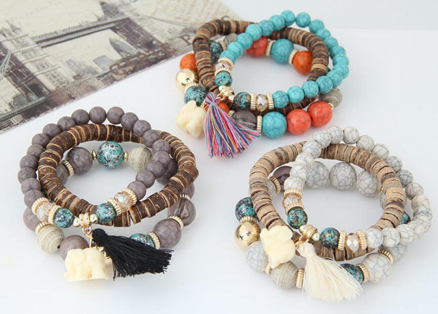 Baby Elephant Tassel Wood Beads Beaded Multi-Layer Temperament Bracelet Bracelet