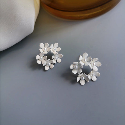 White Flowers Wreath Stud Earrings Women Jewelry Mom Gift Everyday Wear Earrings