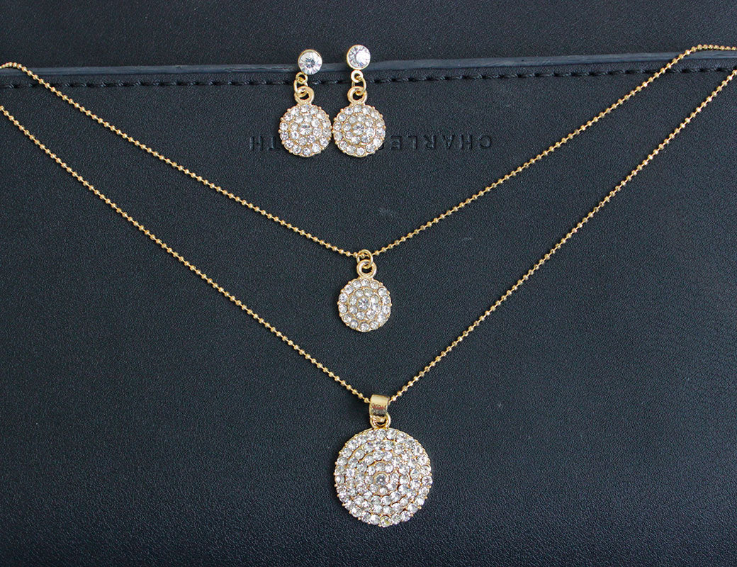 The bride jewelry two piece Necklace Earrings Set Round Diamond Jewelry Set Gold Jewellery Set