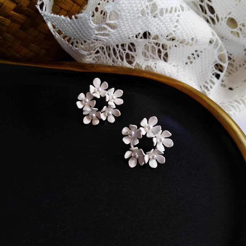 White Flowers Wreath Stud Earrings Women Jewelry Mom Gift Everyday Wear Earrings