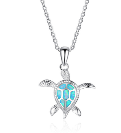 Fashion silver filled blue opal sea turtle pendant necklace for women female Animal wedding ocean beach jewelry gift