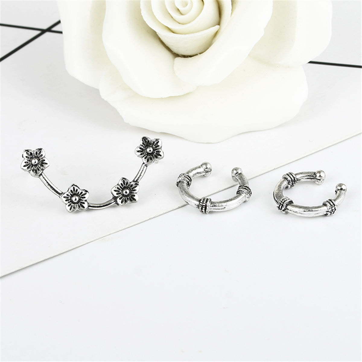 3pc Set Antient Silvery Flower Ear Cuff Stud Earrings Fashion Jewelry for Girls