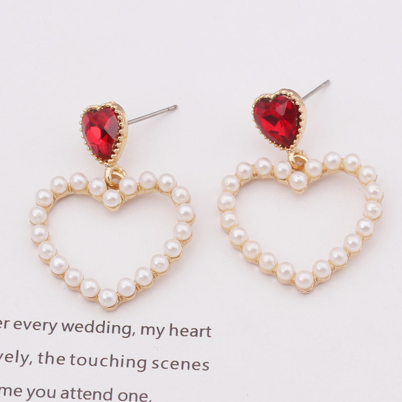 Red Heart Faux Pearl Drop Dangle Earrings Women Jewelry Gift for Her Accessories