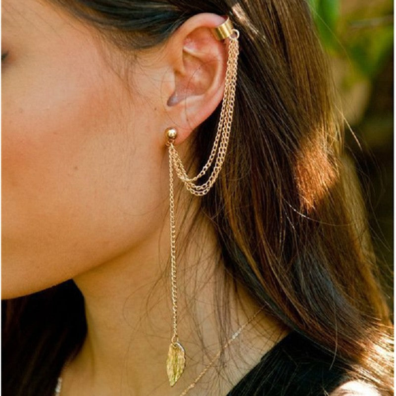 European And American Personality Unilateral Leaf Tassel Earrings