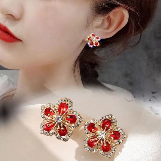 Red Flower Patel Christmas Gift Stud Earrings Women Girls Fashion Elegant