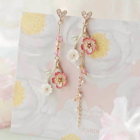 Delicate Pink White Flower Drop Earrings Women Modern Wedding Jewelry Dangle