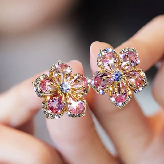 Pink Rhinestone Flower Stud Earrings Women Modern Wedding Jewelry Dangle Gifts