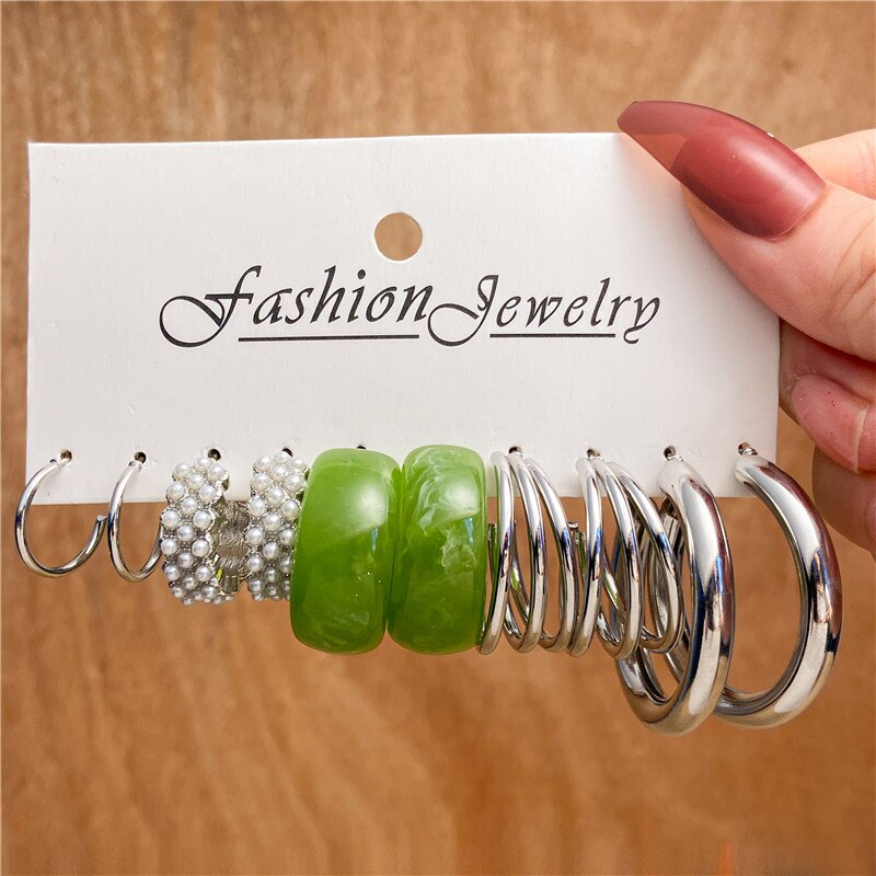5 Pairs Silvery Hoop Green Earrings Set Fashion Women Summer Party Jewelry Girls